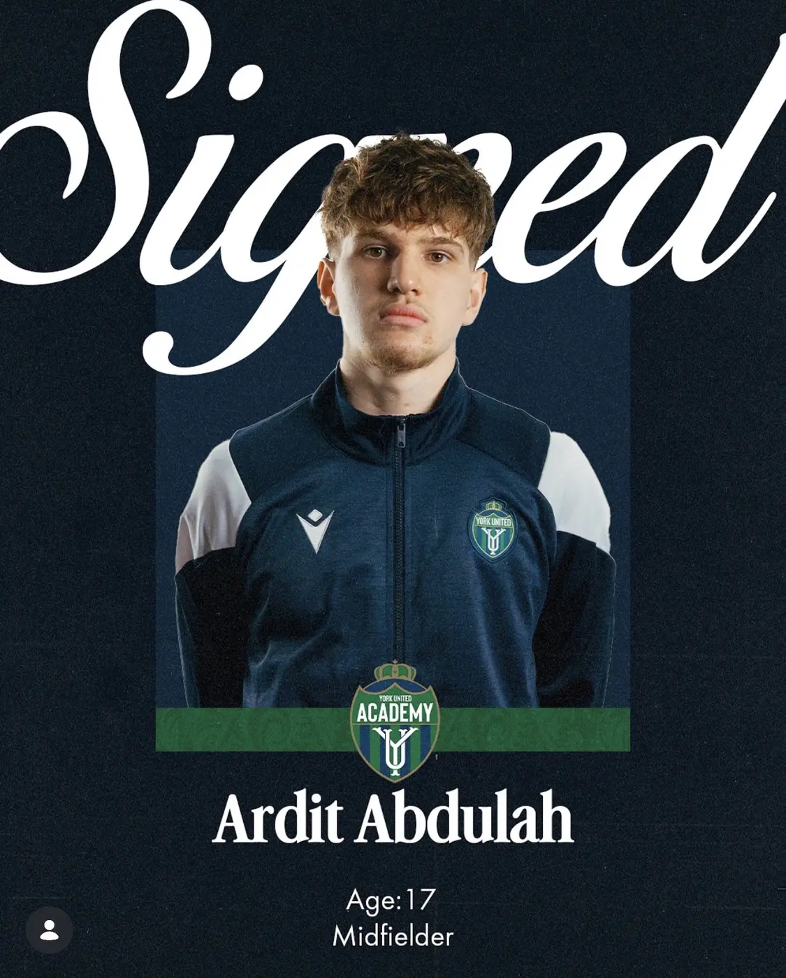 Ardit Abdulah after signing with York United Academy